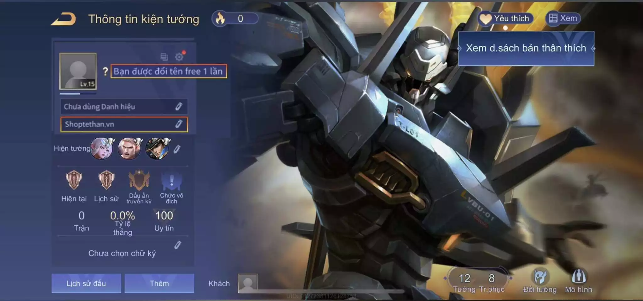 ACC REG: Lữ Bố tư lệnh robot, free đổi tên, trắng thông tin
